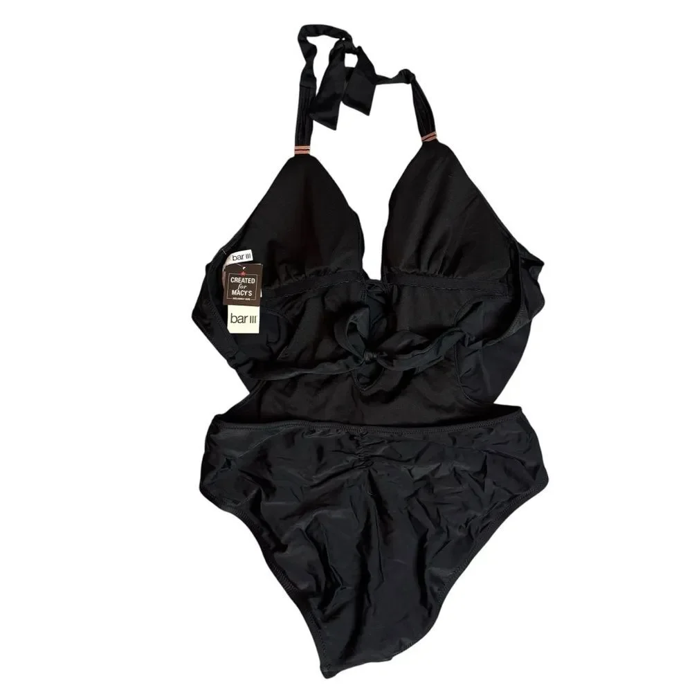 Bar III Solid Black Cowl Neck One Piece Swimsuit Bathing Suit Size Large NEW